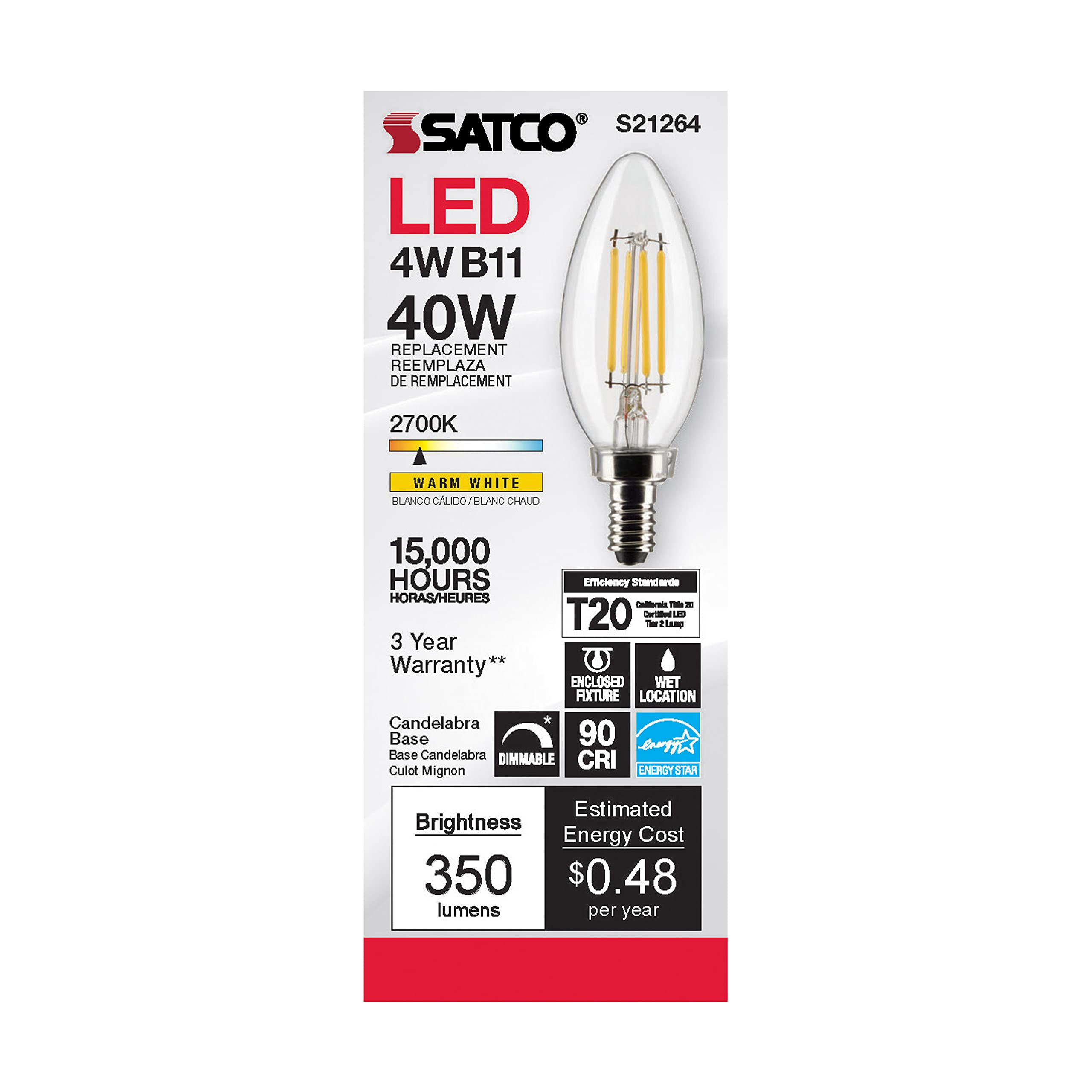 Condition photo showing New/Like New for satco s21264 4w led filament b11 candle light bulbs, e12 candelabra base, 2700k warm white, 350 lumen, dimmable, wet location, clear, 120v, 6 pack