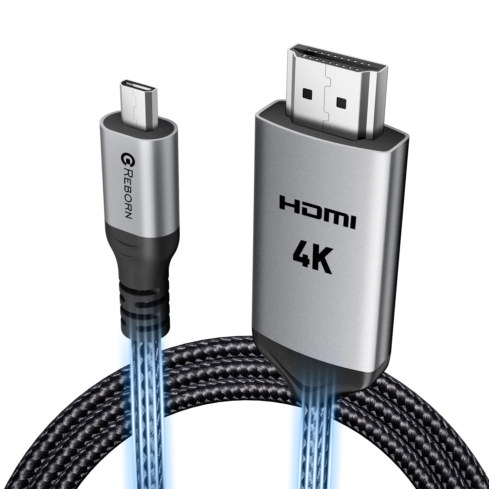 Photo 1 of Reborn 4K Micro HDMI to HDMI Cable Adapter, 4K@60Hz 3.3FT HDR Nylon Braid Cord for DSLR Camera, RPi, A6000, A6300, GoPro Hero to TV, Video Capture Card, Laptop