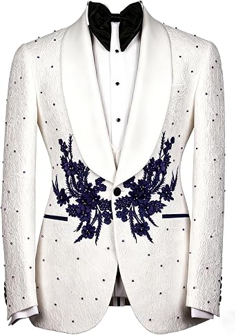 Mens Luxury Handmade Rhinestone Paisley Blazer Slim Fit Single Breasted White Dinner Prom Wedding Stylish Tuxedo