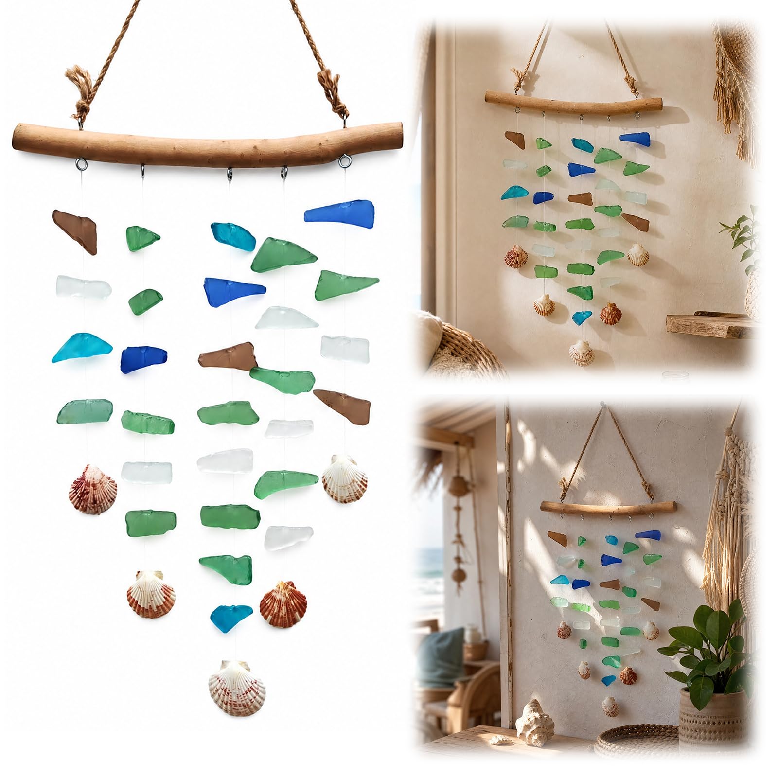 Carillons éoliens en verre de mer artisanaux avec support en bois naturel et coquillages