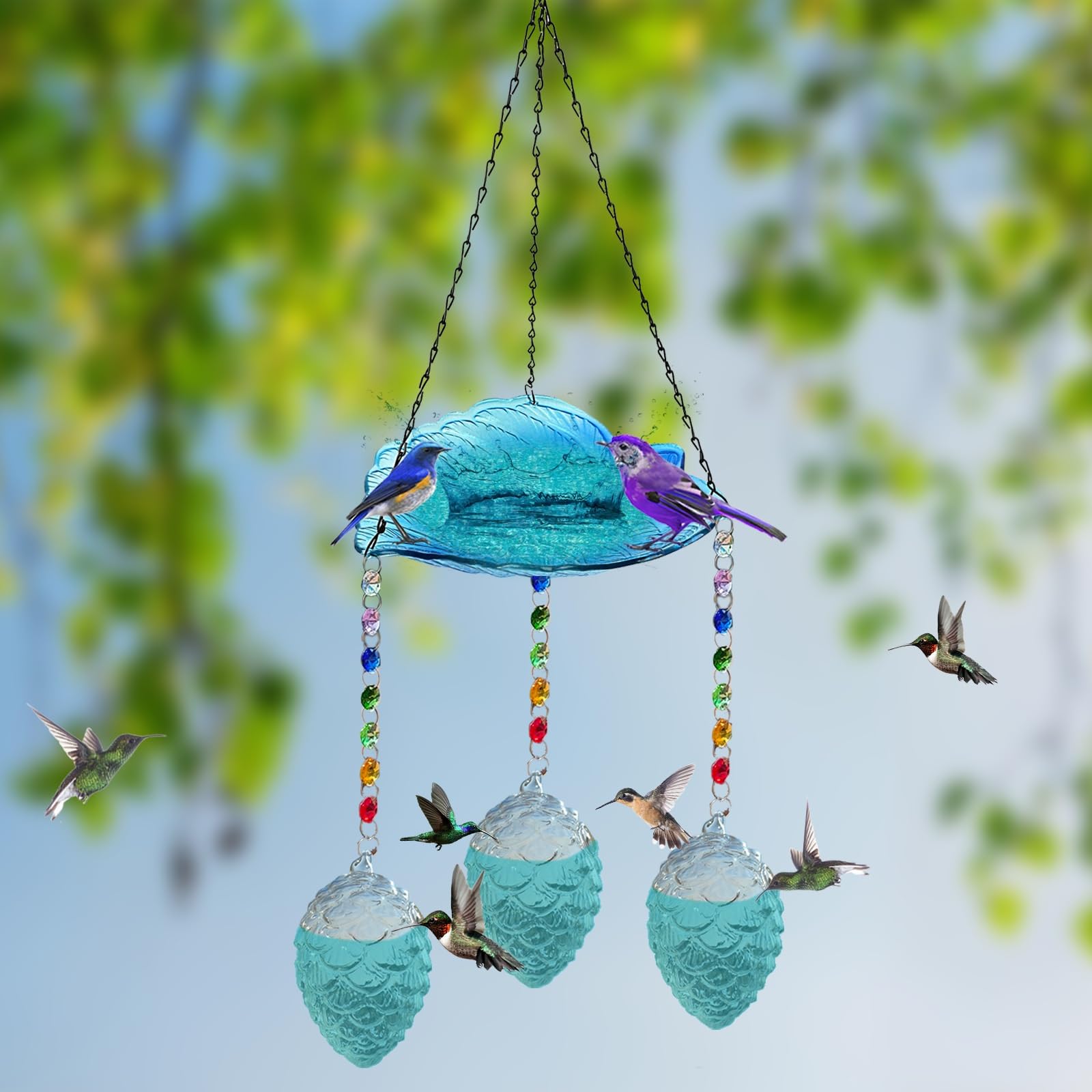 Mangeoire Oiseaux À Suspendre, Boueur d'oiseaux Ronde pour Jardin 2 en 1 Distributeur Nourriture Abreuvoir Bassin Oiseaux pour Yard De Jardin en Balcon