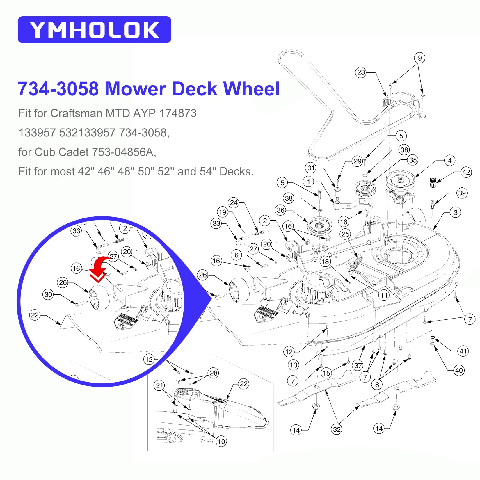 2 ruedas de calibre de cubierta 532174873 para MTD 174873 133957 532133957 734-3058, AYP Husqvarna 532174873 589527301, Cub Cadet 753-04856A Tractores de césped y para la mayoría de 10 Cubiertas de