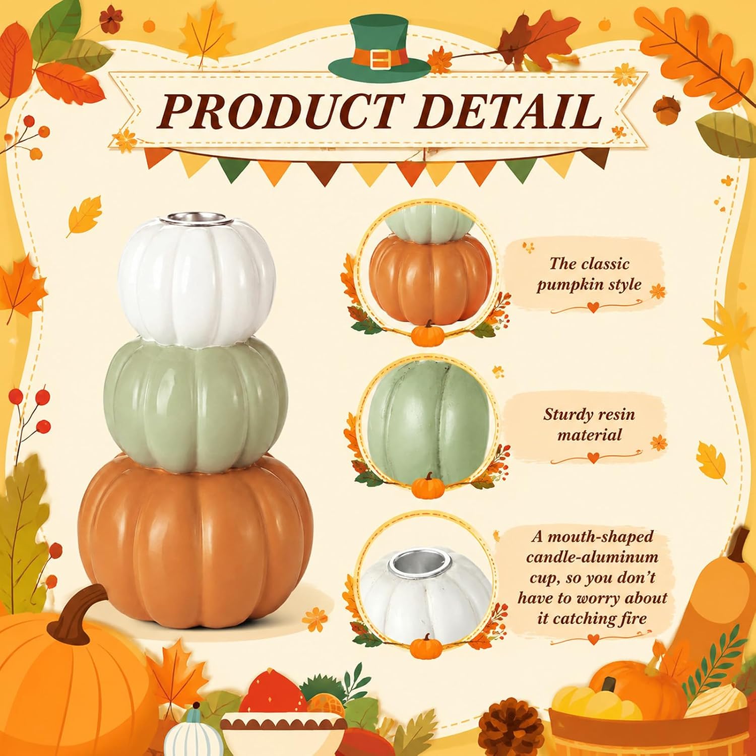 FoldTier Set of 2 Thanksgiving Pumpkin Candle Holders, 5.9" Fall Harvest Resin Candlestick Holders with Metal Cups for Taper Candles 3 Tier Stacked Table Centerpiece Decor for Mantel Kitchen(Classic)