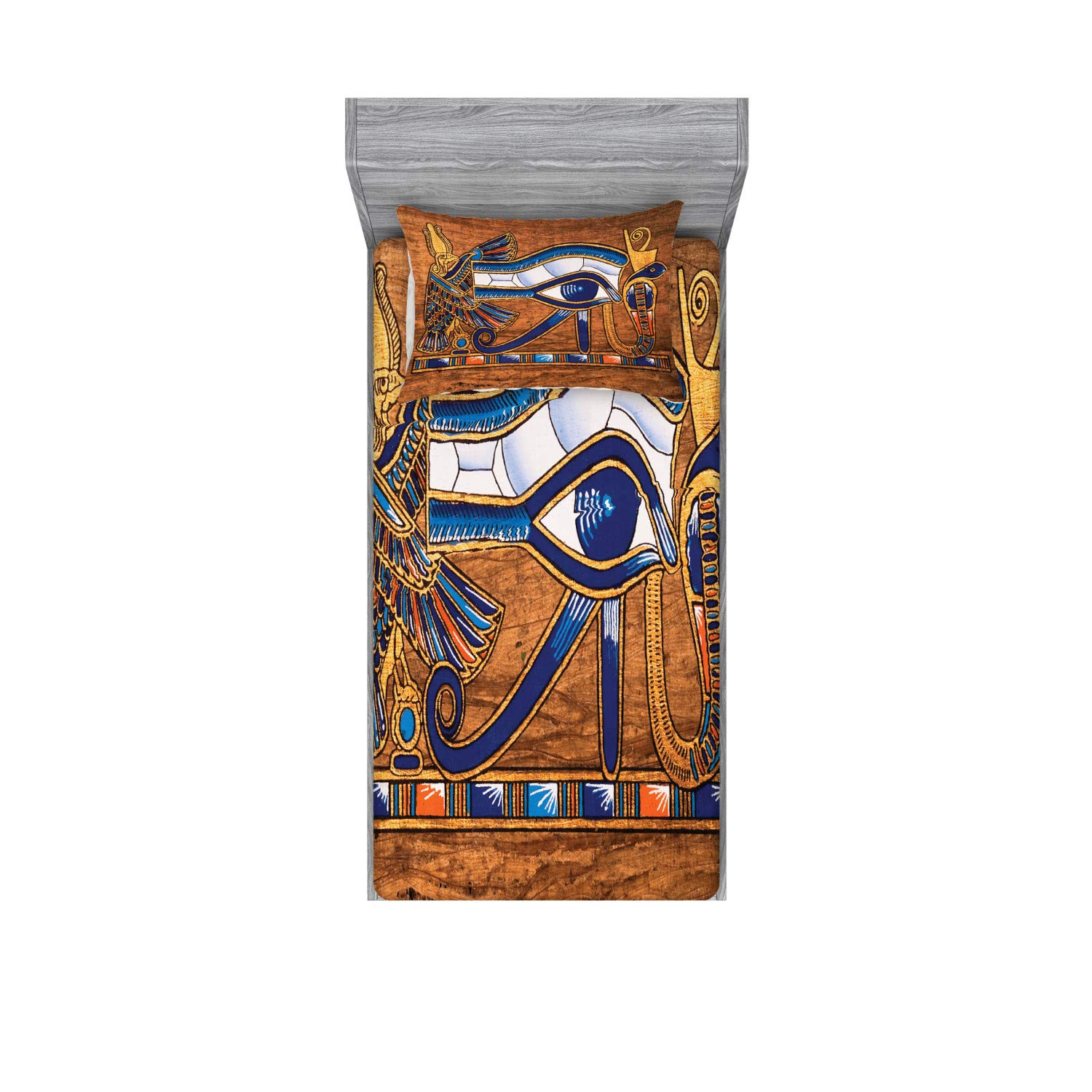 LunarableEgyptian Print Fitted Sheet & Pillow Sham Set, Egyptian Art Papyrus Depicting Eye Mosaic Style Design, Decorative Printed 2 Piece Bedding Decor Set, Twin, Navy Blue