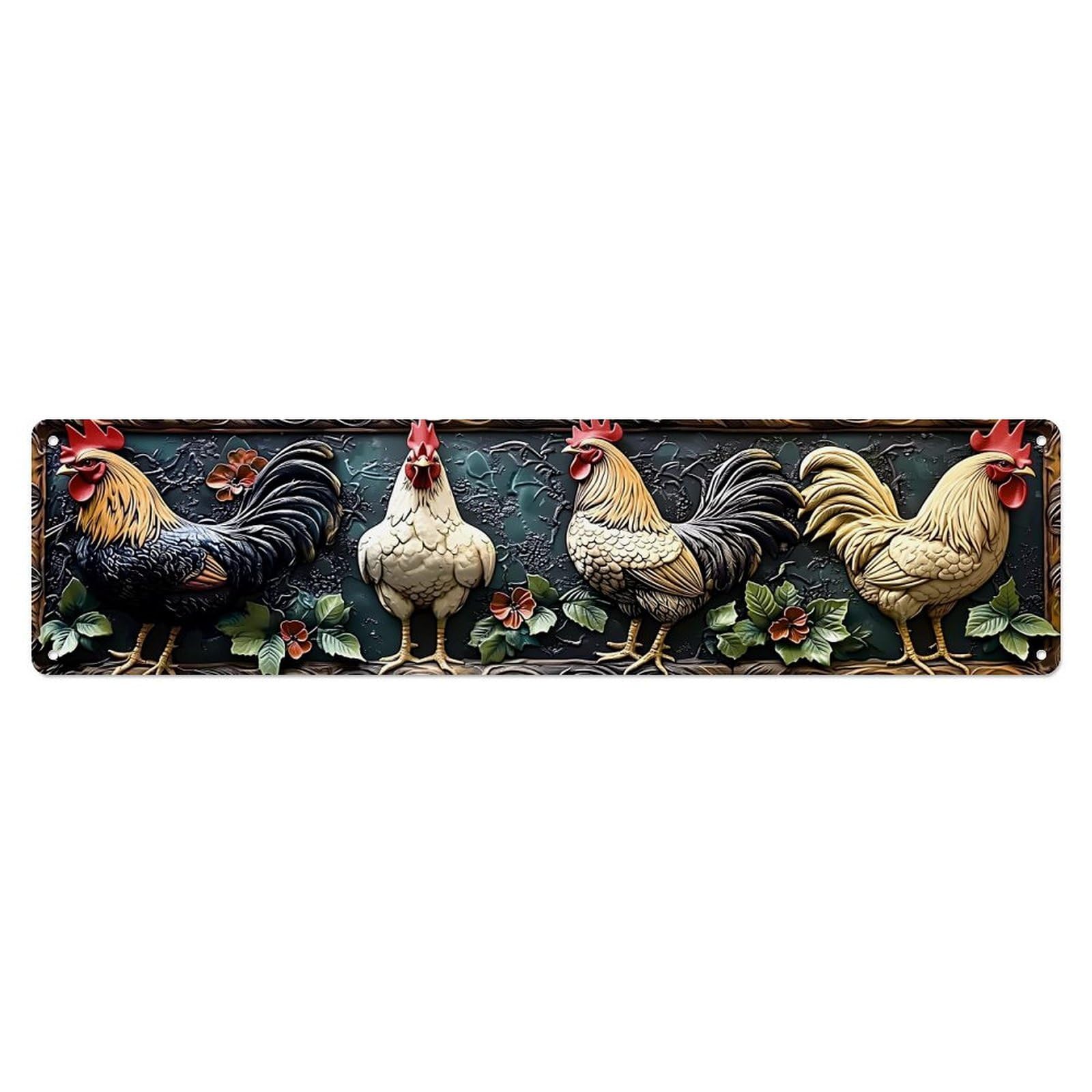 Jdyaojiesheng Vintage Rooster Pattern With Leaves And Flowers Tin Sign Retro Metal Wall Decor Metal Poster, Home Bar Garage Farmhouse Cafe Wall Art Decoration 4X16inch