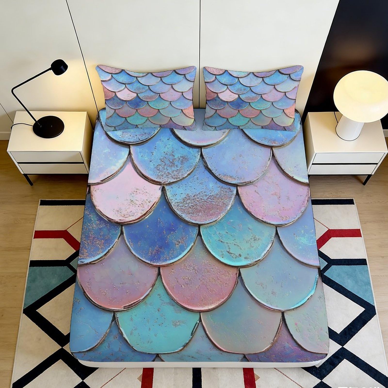 3D Printed Iridescent Mermaid Scales Fitted Sheet Microfiber Pastel Art Mattress Cover Bedroom Decor Protection 90x200x25cm
