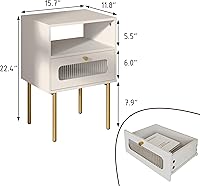 Vista 2 de Mesita de noche, mesa auxiliar moderna con cajón de almacenamiento y estante de madera abierto, mesa auxiliar pequeña con puerta decorativa