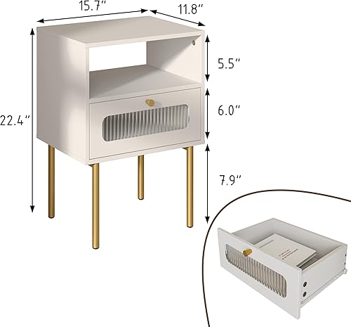 Miniatura 2 de Mesita de noche, mesa auxiliar moderna blanca con cajón de almacenamiento y estante de madera abierto, mesa auxiliar pequeña con puerta decorativa