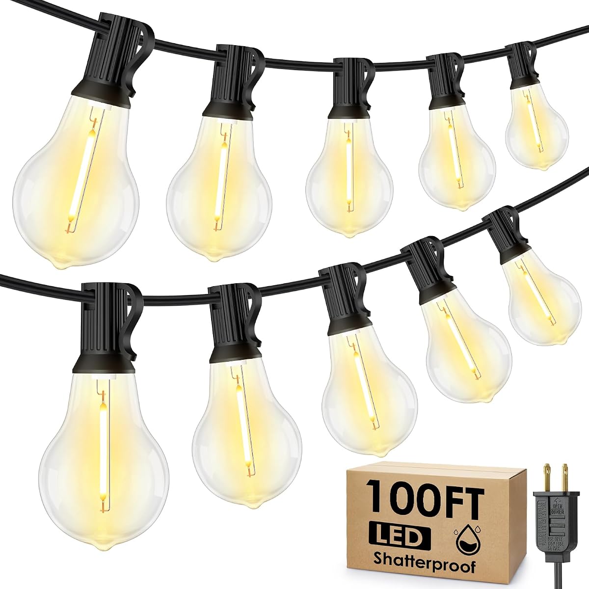 Cadena de luces para exteriores de 100 pies, luz para patio con 32 bombillas A39, negro | Enchufe, atenuador no incluido, impermeable, inastillable, extensible, lámpara LED colgante para decoración exterior interior, blanco cálido