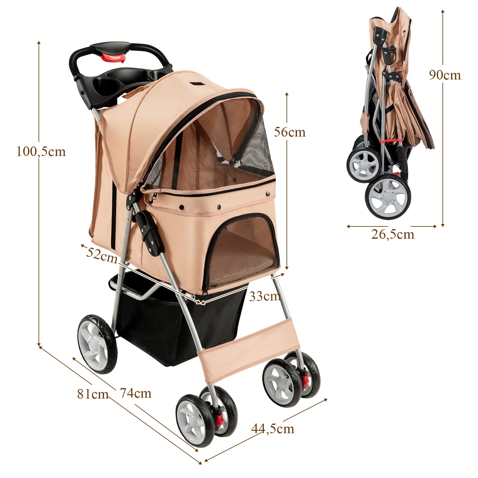 COSTWAY Hundewagen Haustiere Buggy, bis 15 kg, Hundebuggy mit Netzfenstern & Getränkehalter & Korb & Sonnenschutz, Faltbarer Katzenwagen, Katzenbuggy für kleine Hunde Katzen (Beige)