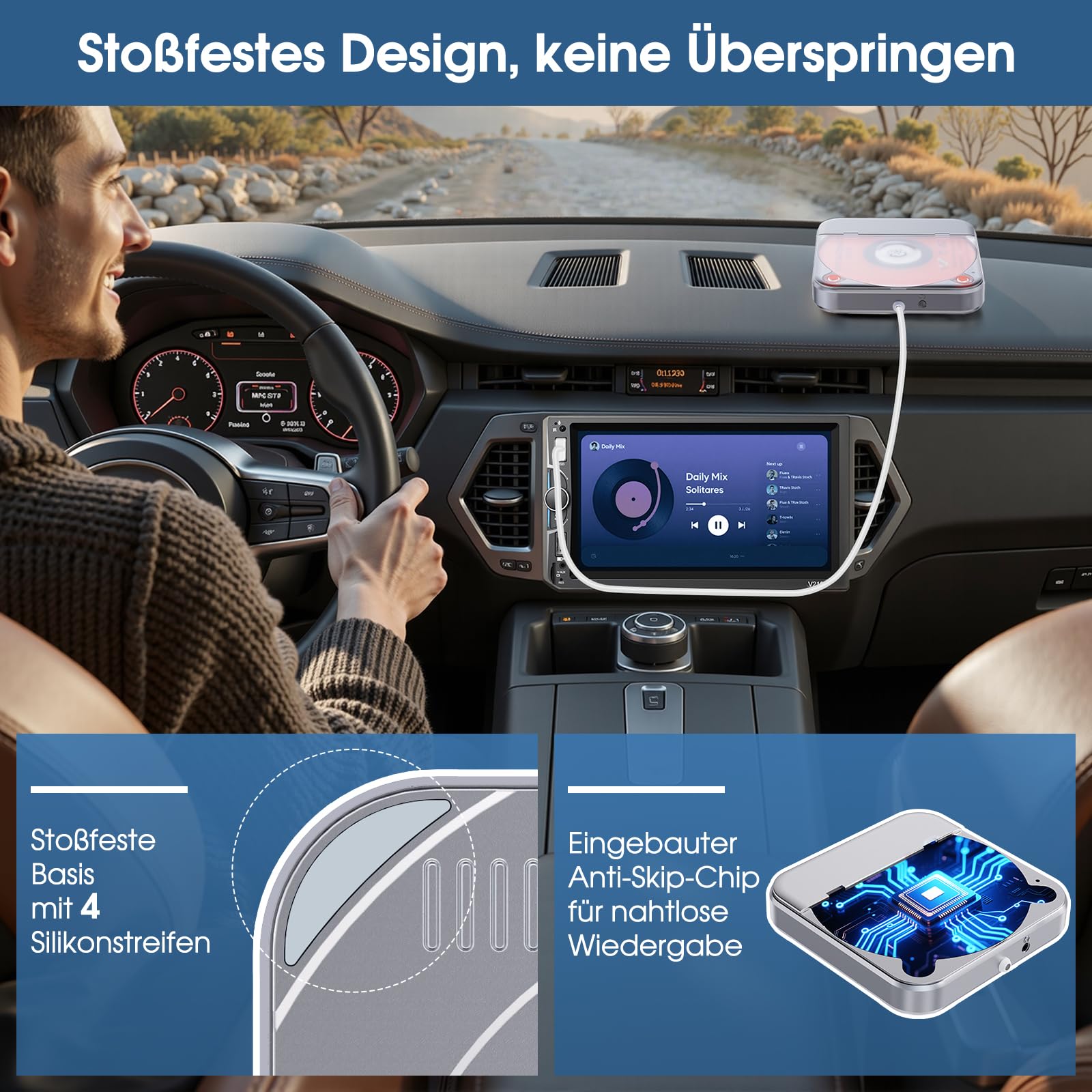 CD Player für Auto mit USB/AUX-Anschluss, CENXINY Externer CD-Player kompatibel mit Auto Radio, universeller Player fürs Fahrzeug, mit AUX-Kabel/USB-Verlängerungskabel