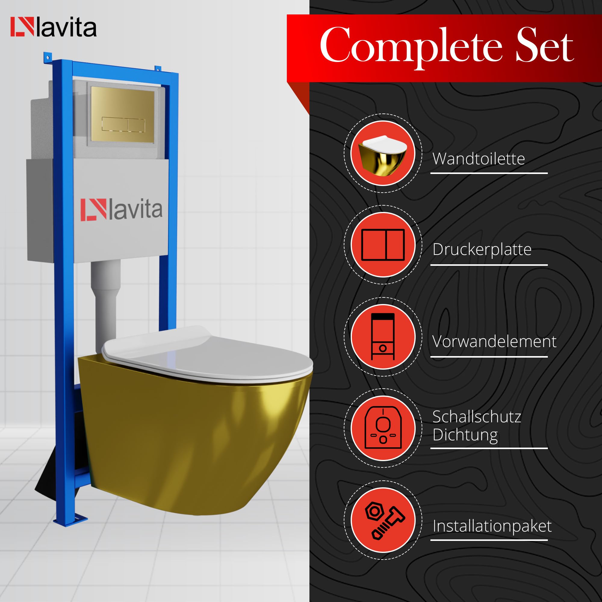 Lavita LAV 101 - Elemento da parete per WC 40 cm + parete sospesa per WC SOFI SLIM GOLD/WHITE senza bordi + pannello di controllo LAV 200.3.5 oro, set completo | cassetta di risciacquo da incasso | WC