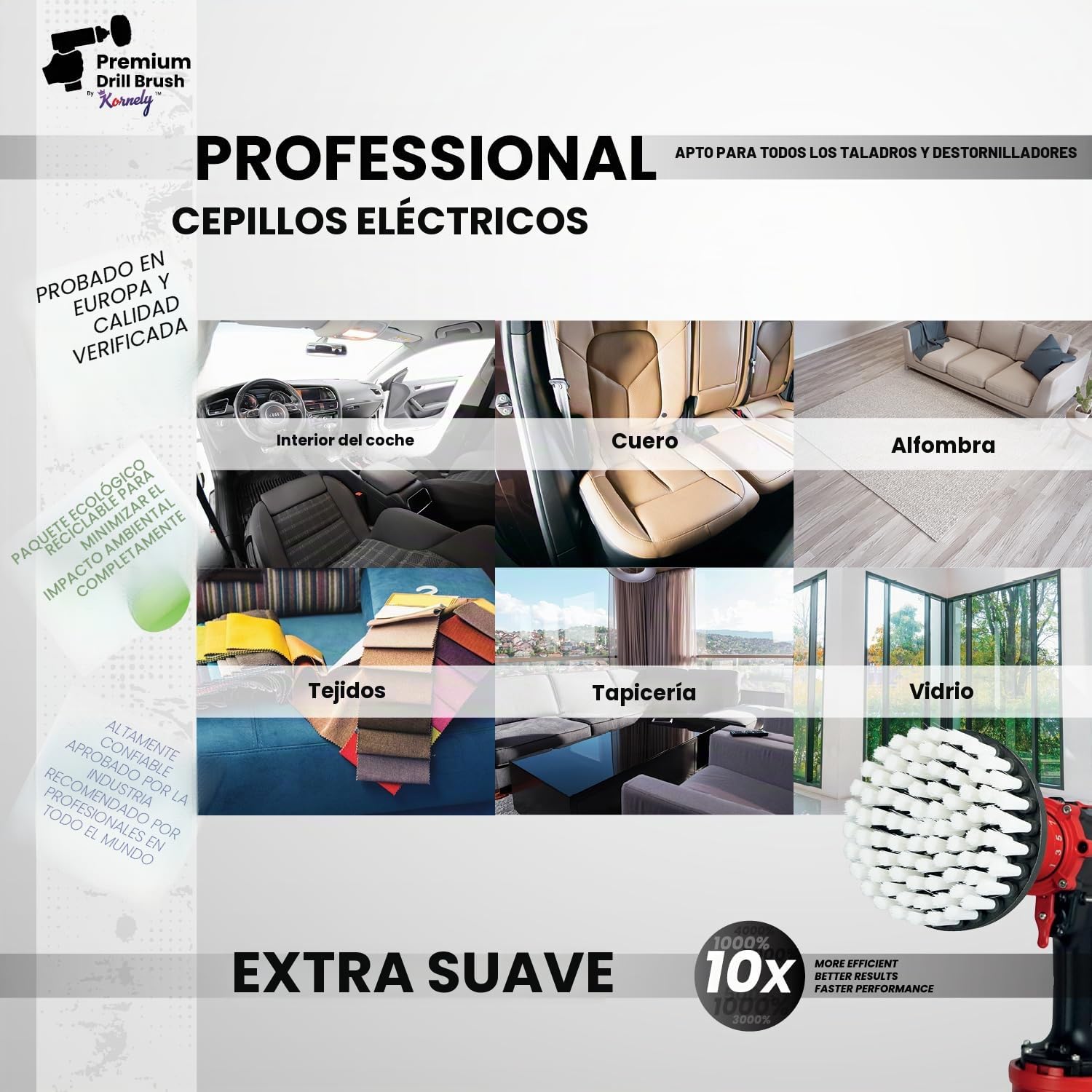 Cepillo Premium para Taladro 13cm Blanco - Limpiador Profesional para Alfombras, Cuero y Tapicería