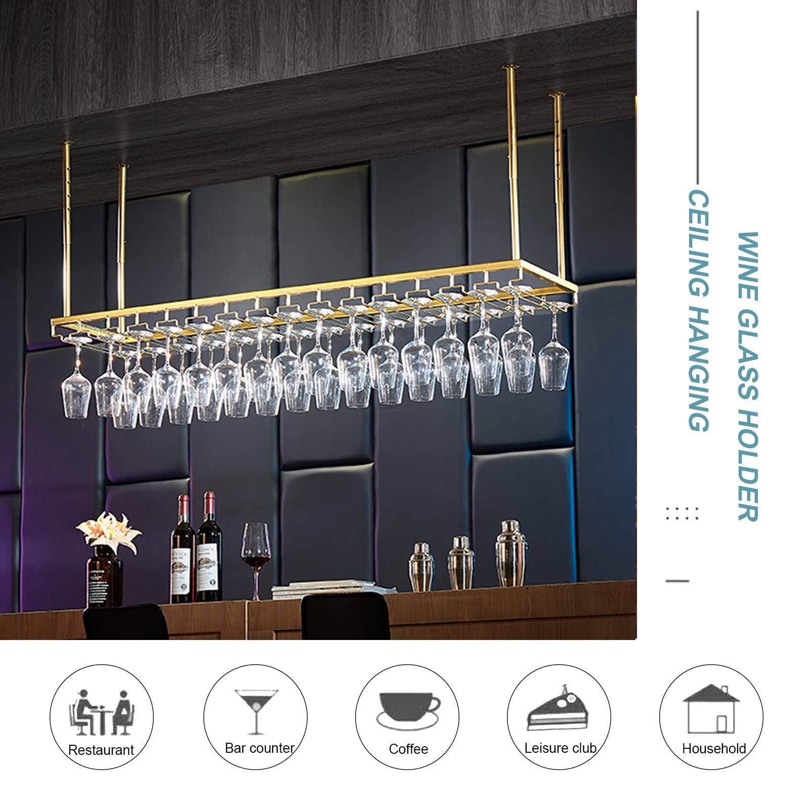 Soporte para Copas de Vino para Colgar en el Techo - Estante metálico para Copas bajo el Estante para Cocina, Bar y Restaurante - Colgador para Copas Que Ahorra Espacio (60 x 25 x