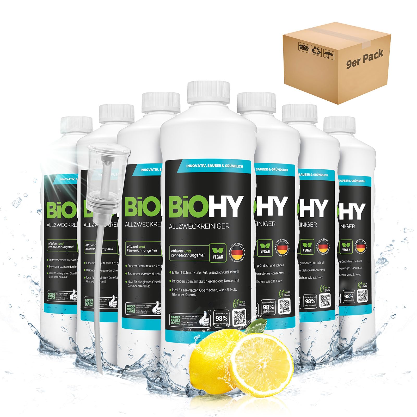 BiOHY Limpiador multiuso (9 botellas de 1 litro) + Dosificador | Limpiador multiusos ecológico para suelos y hogar | concentrado antical de aplicación universal (Allzweckreiniger)