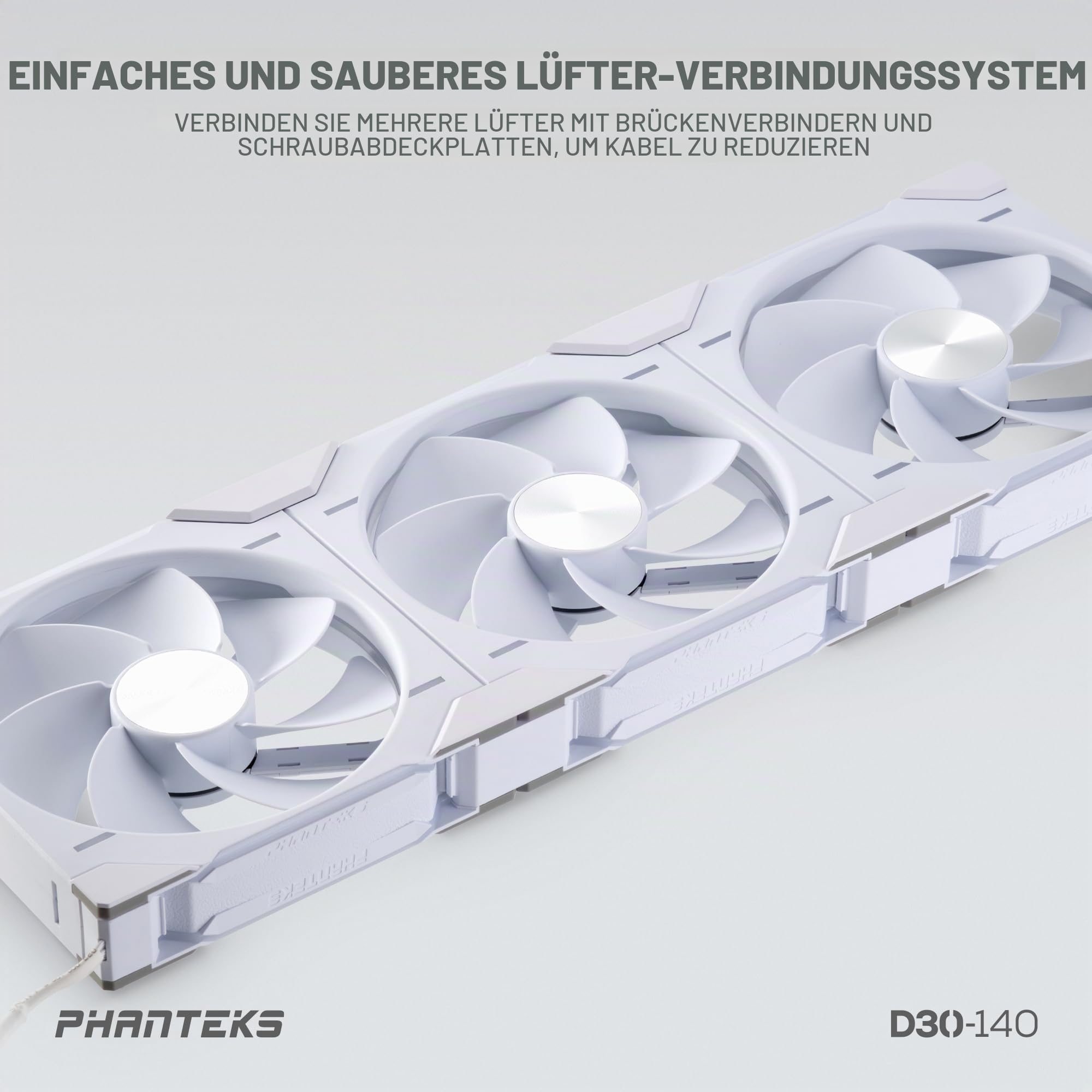Phanteks D30-140 PWM D-RGB Lüfter Weiß | 140mm Gehäuselüfter, Reversed Airflow, ARGB Beleuchtung, Daisy-Chain System, 30mm Tiefe