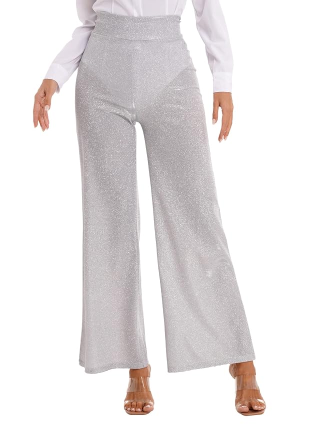 Freebily Womens Shiny Fashion Mesh Sheer Pants Sparkly Wide Leg Flowy Trousers Music Festival Disco Straight Leg Pants