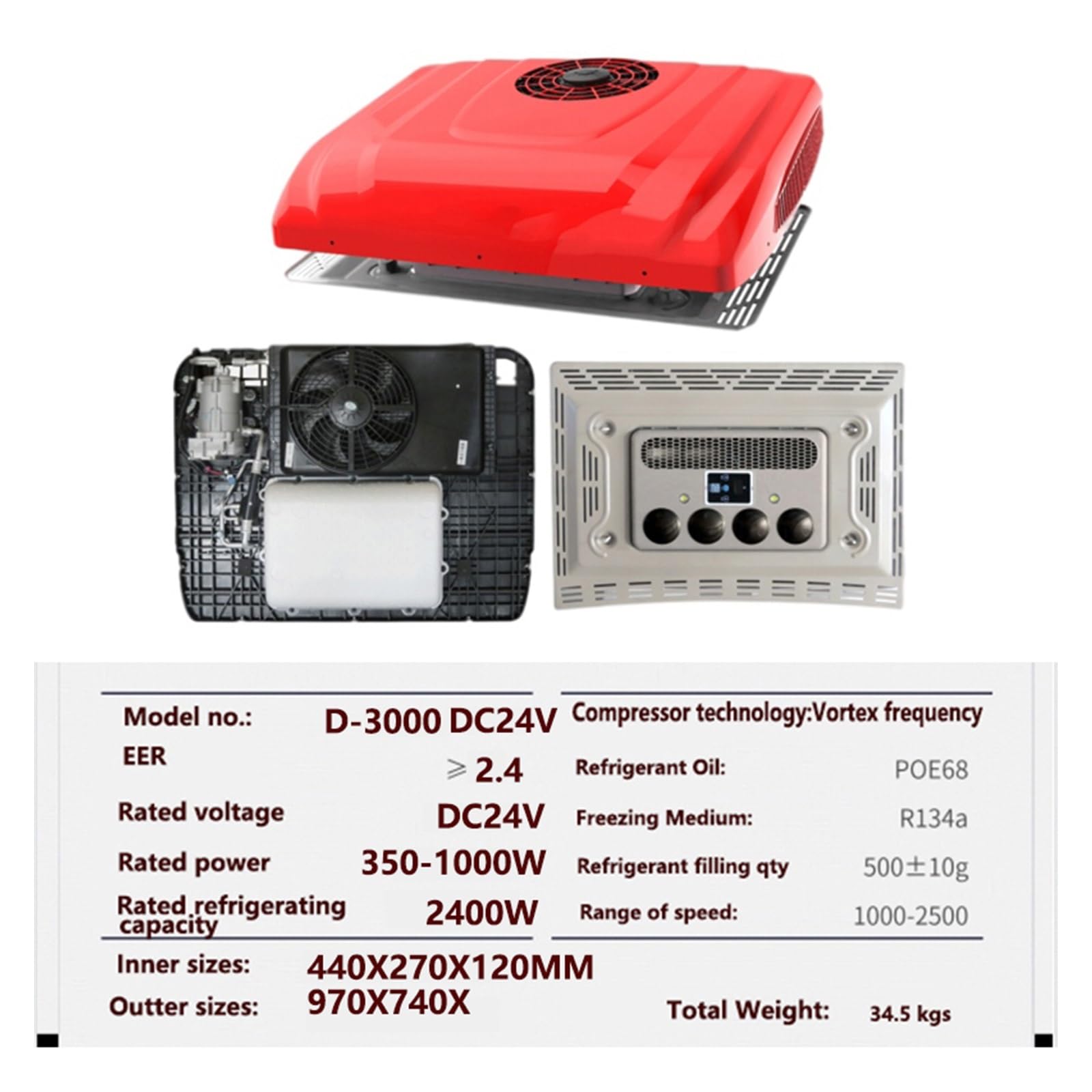 JVDDI RV Air Conditioner, Dc 12V24V Power Supply Heavy Truck Turbo Inverter Compressor Electric Car RV Bus Parking Air Conditioner 12v 2kw Cooler(Red DC24V)
