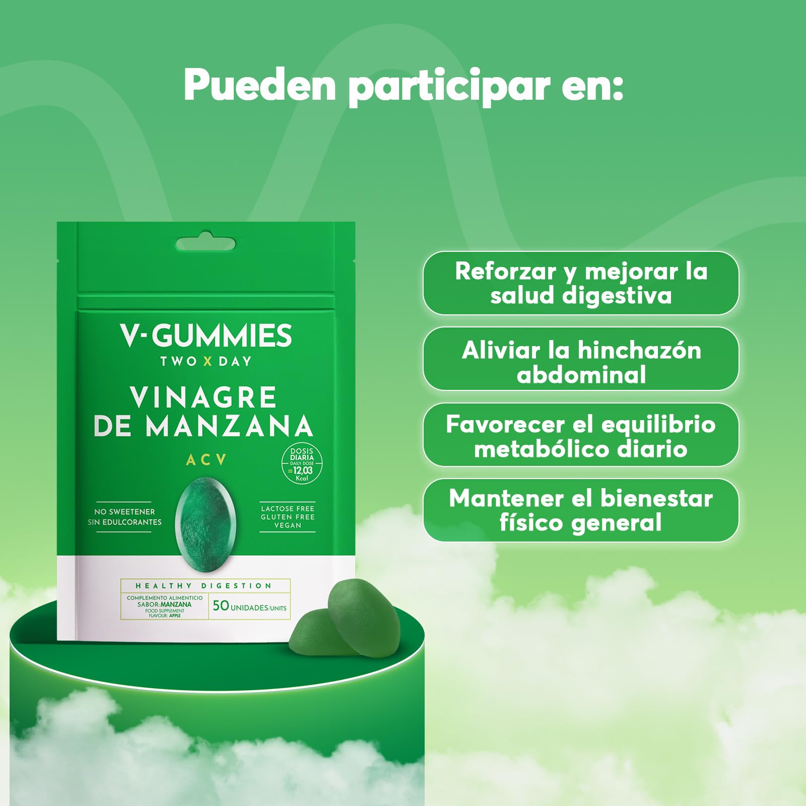 V Gummies - Gominolas de Vinagre de Manzana para Salud Digestiva - Apple Cider Vinegar Gummies - Sabor Natural a Manzana con Vitamina C y Pectina - 50 Unidades