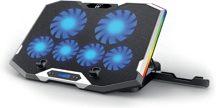 Ewent EW1260 - Laptop Stand and Fan - Quiet - 6 Adjustable Speed Fans - for Laptops up to 17" - LCD Screen - 2 USB Ports - 7 LED Lights - Ergonomic Design