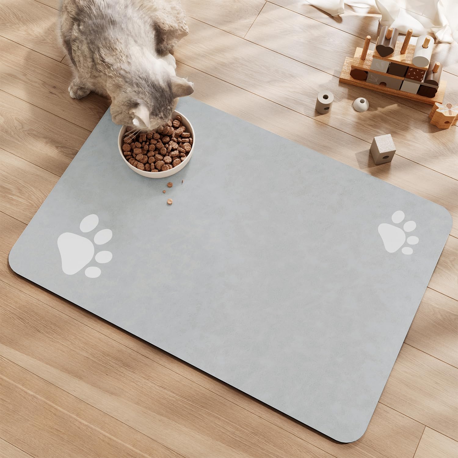 Dog Cat Food Mat Pet Bowl Mat Absorbent No Stains Quick Dry-Innovative Pet Supplies Dog Cat Accessories-Water Dispenser Mat for Messy Drinkers-Light Grey with Paw Pattern 16"x24"