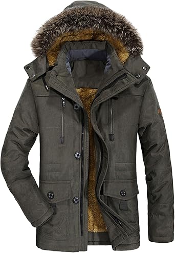 Mens Winter Removable Hooded Overcoat Fleece Lining Cotton Military Jacket Thick Winter Jackets with Hood