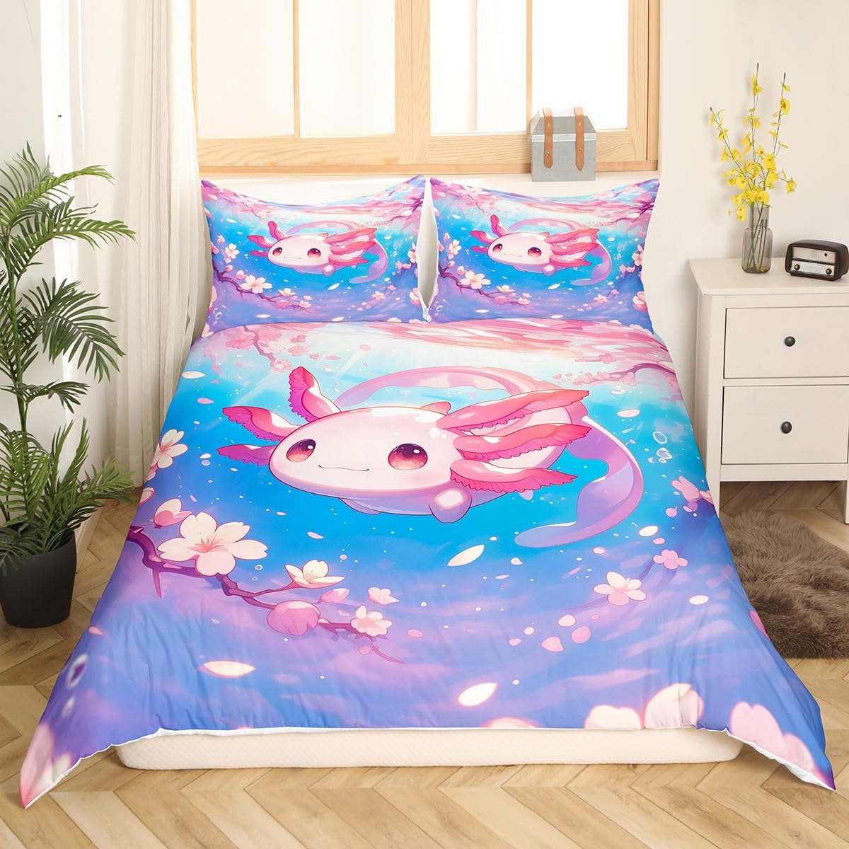 Loussiesd Cartoon Nette Axolotl Bettwäsche Set 135x200cm Kawaii Salamander Betten Set für Kinder Jungen Mädchen Schlafzimmer Bett Dekor Ozean Sealife Bettbezug Set Axolotl Bettwäsche-Set