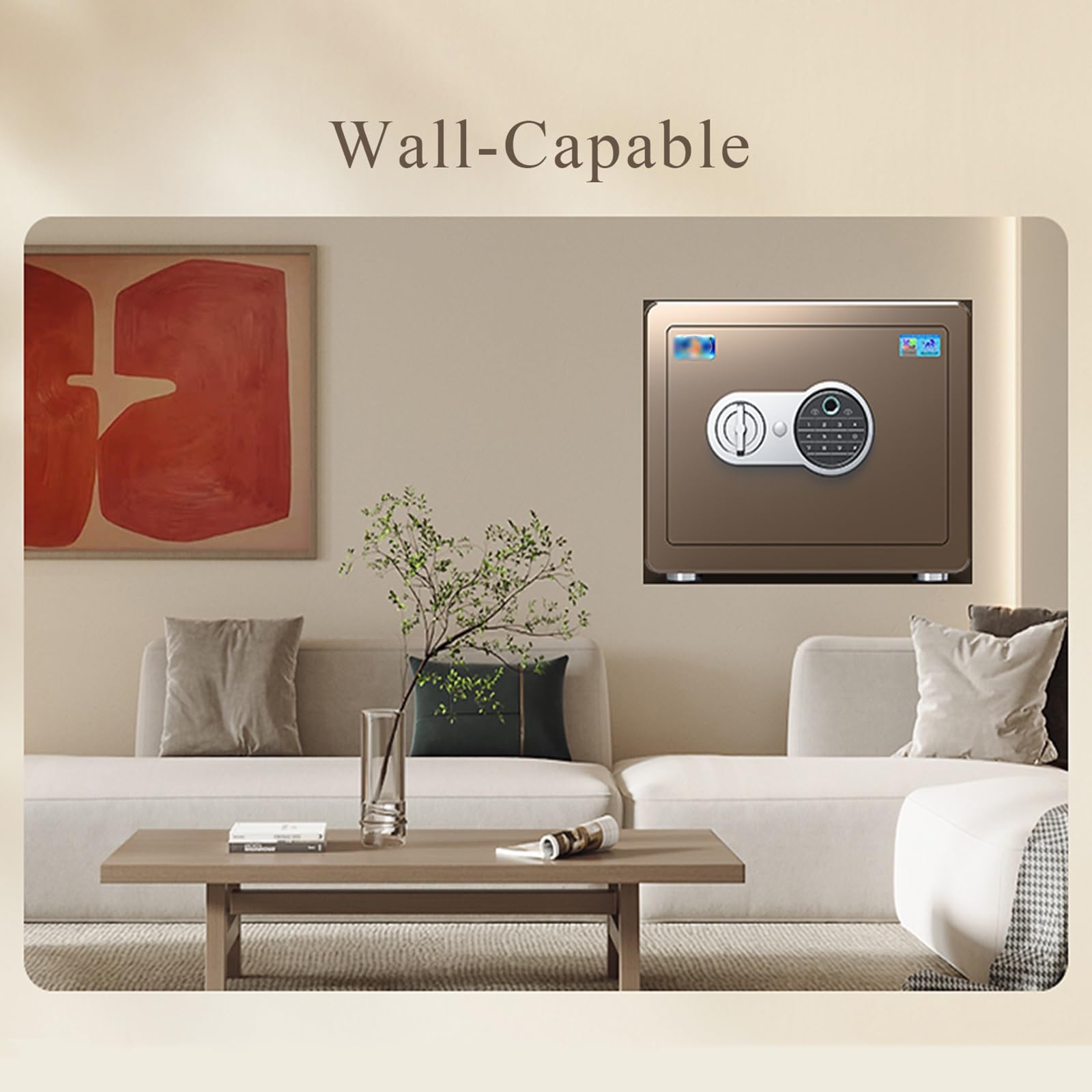 Cassaforte Domestica, Cassaforte Compatta Antifurto Intelligente con Impronta Digitale E Password per Camera da Letto, Soggiorno 25 Cm(Brown)