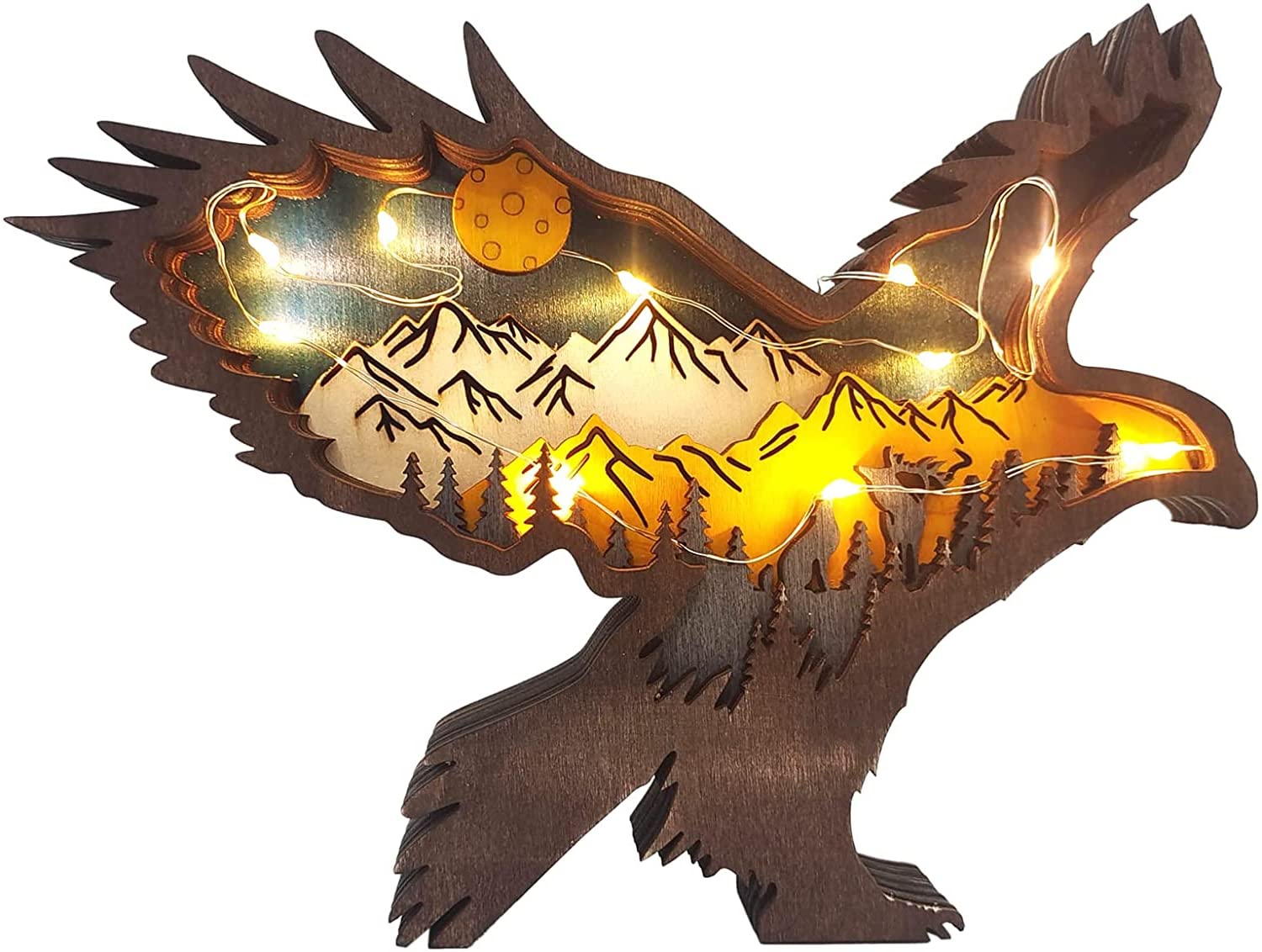 3D Crafts Statue, Hand Carved Silhouette Home Decor Accents Sculptures, Wooden Forest Animal Decor with Light, for Wall Desktop Shelf, qzjijosen (Eagle)