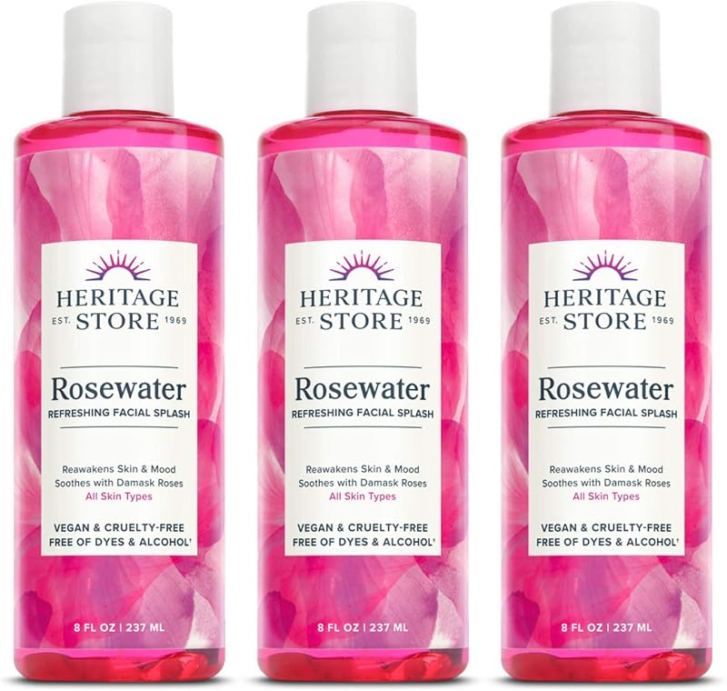HERITAGE STORE Água de rosas facial com rosa Damask, sem álcool, Pacote com 3