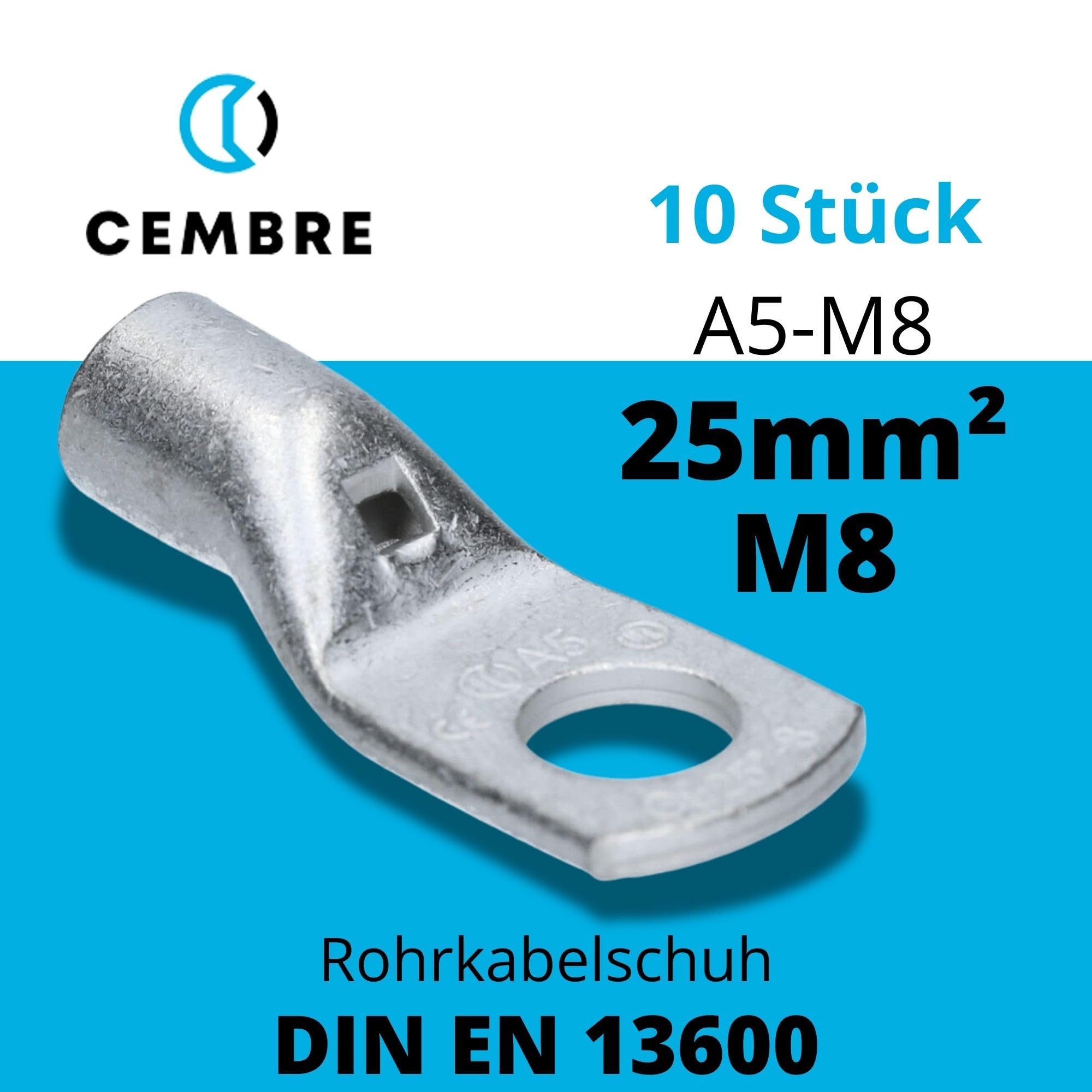Kalitec Cembre A5-M8 10x Cosses Tubulaires 25 mm² M8 en Cuivre Étamé | Connecteurs de câbles non isolés avec fenêtre de contrôle pour installations électriques, industrie et secteur automobile.