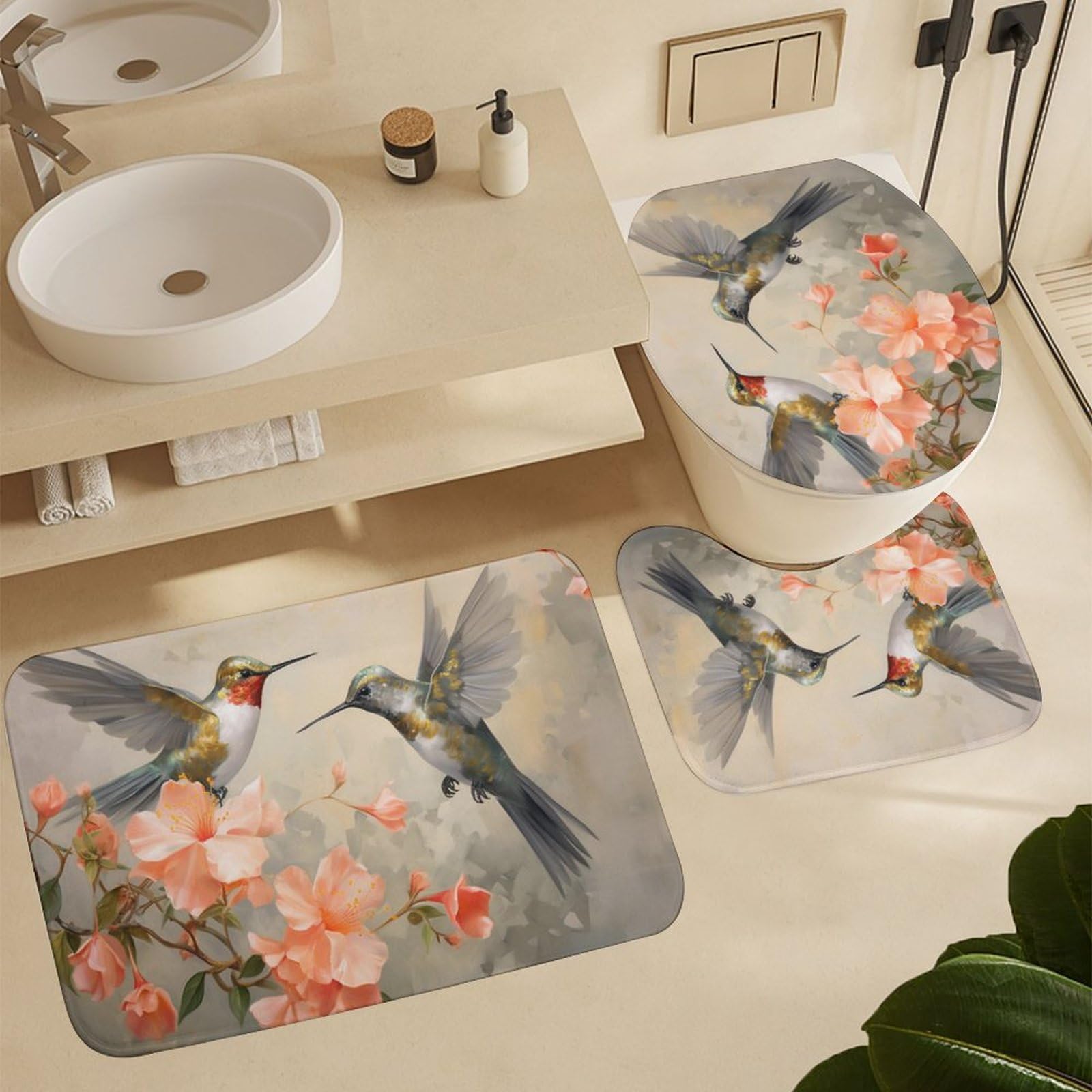 Duschvorhang-Set Mit Rosa Kolibri-Blumen – 4-teilig Inkl. Teppichen, Rustikales Bad-Design