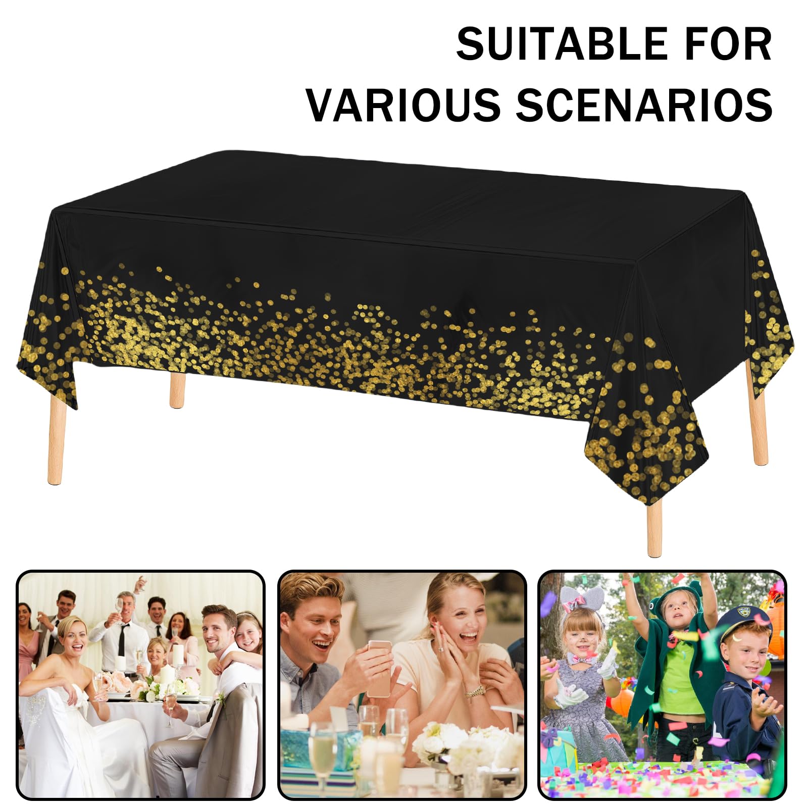10 manteles de fiesta en negro y dorado, impermeable, rollo de papel, mantel de fiesta, mantel rectangular adecuado para decoración de cumpleaños, bodas, 137 x 274 cm, negro