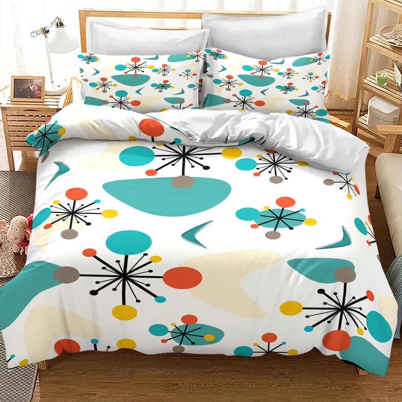 Mid Century Bedding Duvet Cover Set,1950s 1960s Vintage Atomic Abstract Green Geometric Pattern Comforter Set with Pillowcase for Bedroom Bed Decor，Twin 86"x70"