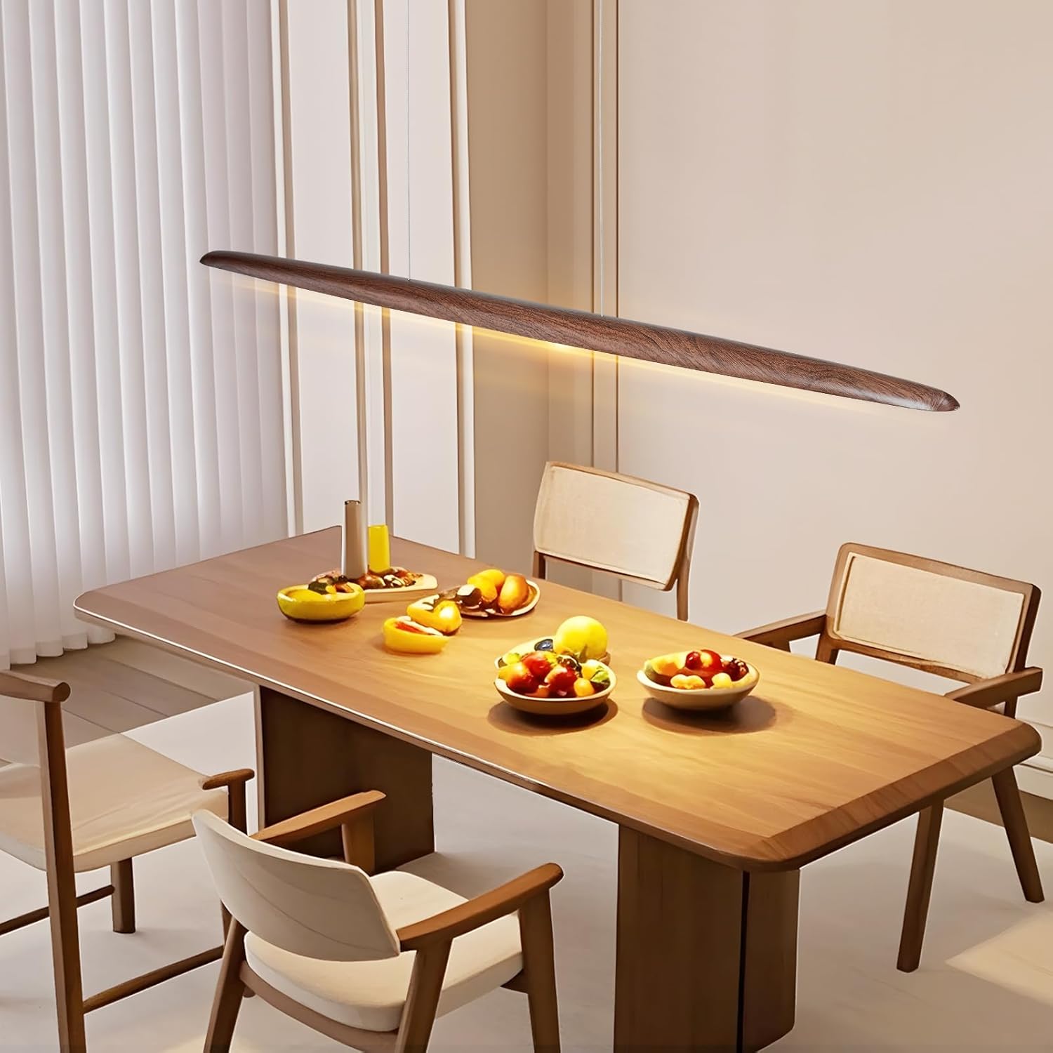 Walnut Linear Pendant Light Fixtures Modern LED Dimmable Pendant Lighting Wood Chandeliers for Dining Room Kitchen Island Pool 59In