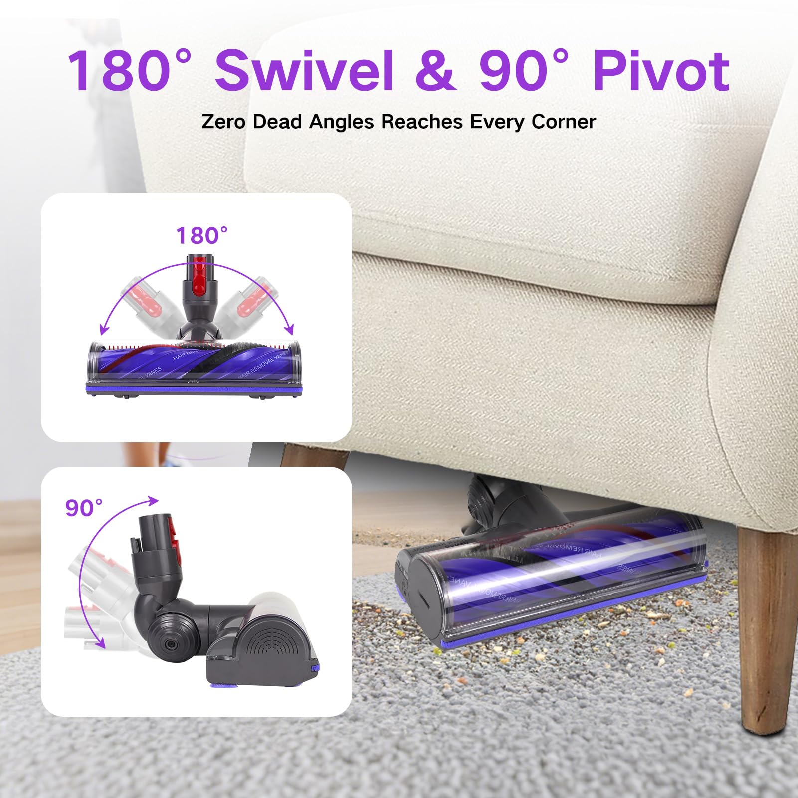 Cepillo turbo eléctrico compatible con aspiradora Dyson V7 V8 V10 V11 V15 SV10 SV11 SV12 aspiradora con batería, cabezal giratorio flexible con faros LED, adecuado para suelos duros y alfombras