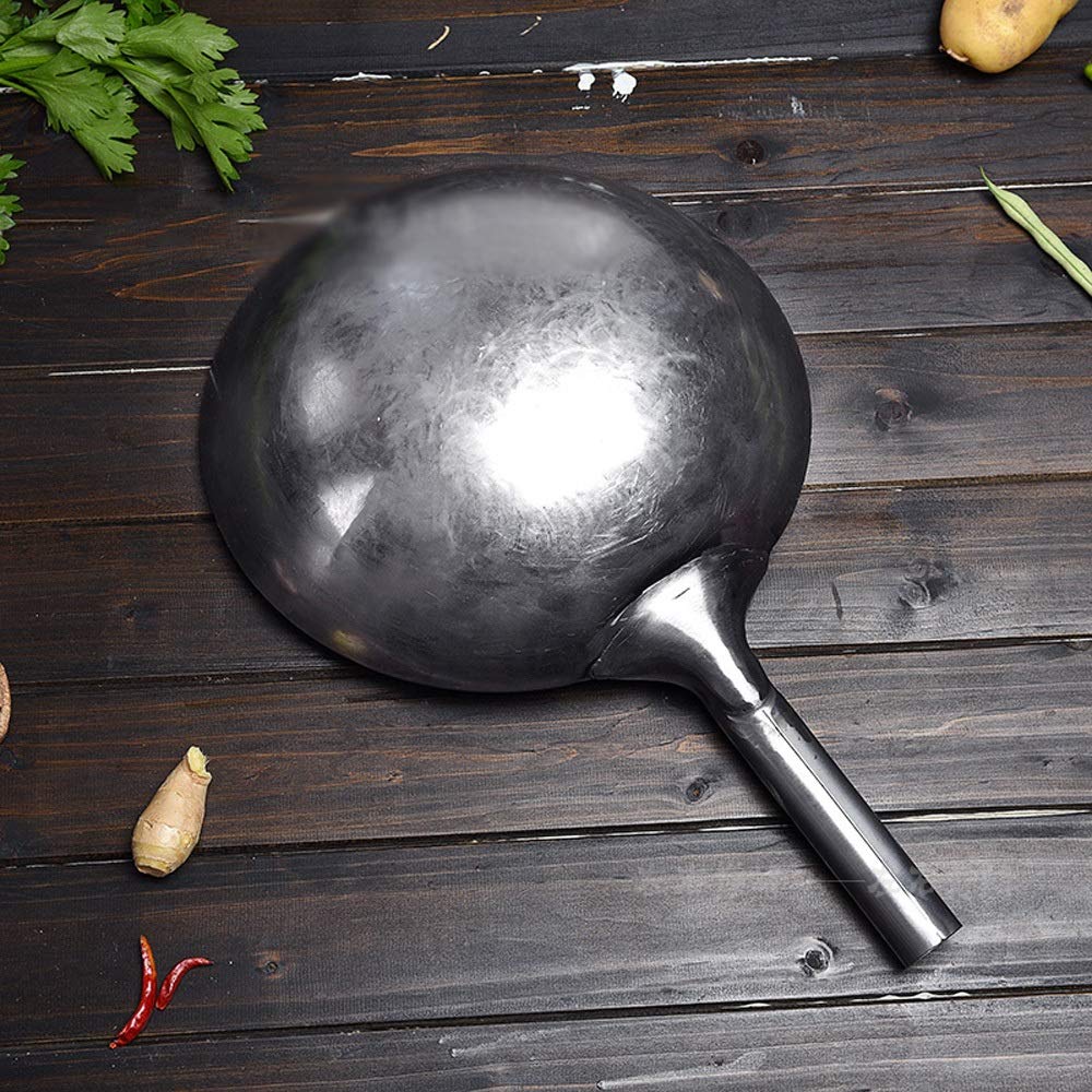 Wok in Acciaio al Carbonio Pre-Regolato Non Rivestito Spesso da 32 Cm, Cucina Tradizionale, Forgiato A Mano, Antiaderente, Cucina Tradizionale
