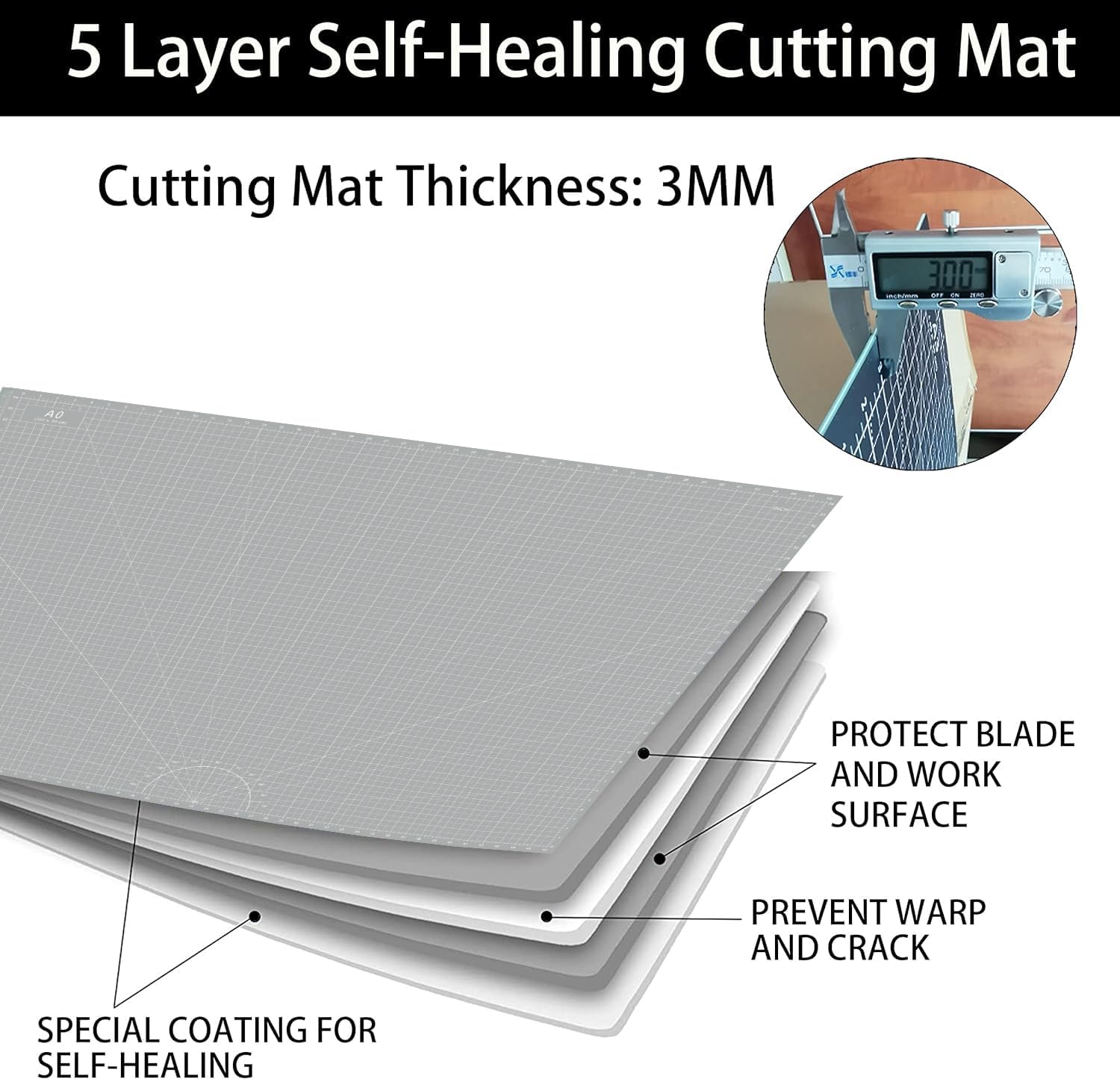 Headley Tools Thickened 36 x 48 Inch Self Healing Sewing Cutting Mat, A0 Rotary Cutting Sewing Mat for Crafts, Double Sided 5-Ply Table Cutting Board for Fabric Quilting Leather Hobby, (Grey/Black)