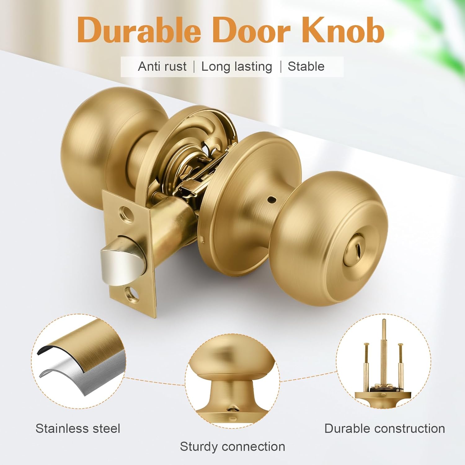 Probrico Champagne Bronze Door Knobs for Bedroom Bathroom, Interior Door Knob with Round Ball, Champagne Privacy Door Knob, 6 Pack