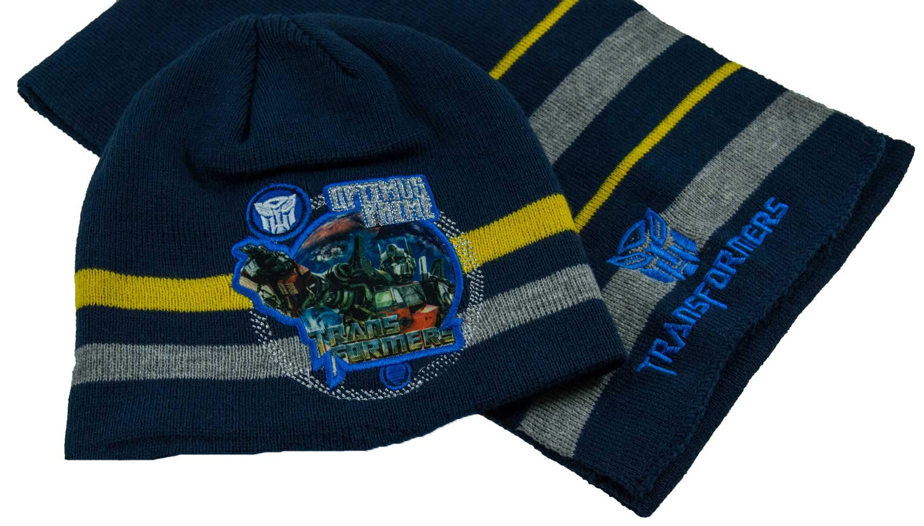 Transformers Autobot Optimus Prime Lot de 2 Bonnet d'hiver et écharpe pour enfant garçon Taille 52 ou 54 Bleu ou Noir