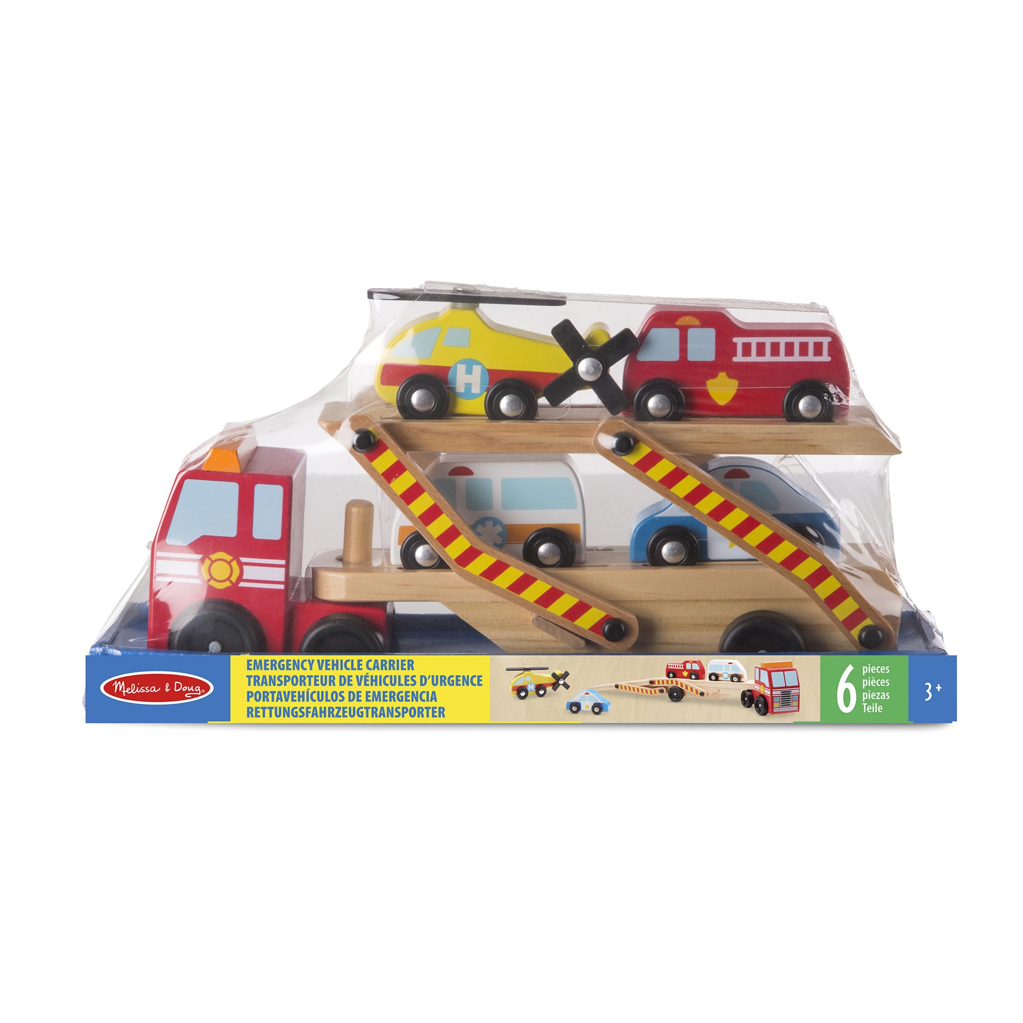 Melissa & Doug - Camion Transporteur De Véhicules D'Urgence 6 Pièces - Camion Enfant 60 Cm - Jeu Imitation - Jouet En Bois - Jouet D'Activité, Développement Et Apprentissage - Cadeau Enfant 3 Ans Et +