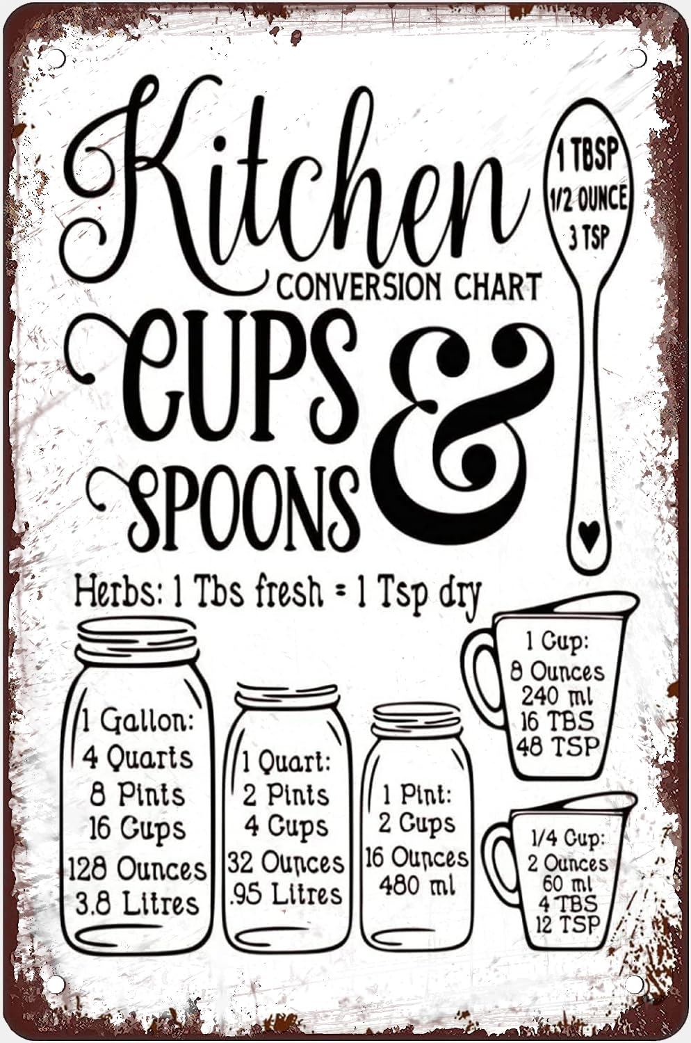 peiyeety Vintage Tin Sign Kitchen Conversion Chart Metal Signs Chef Gourmet Retro Poseters Wall Decor Kitchen Decor Store Farm Room Wall Art Plaque Plaque Tin Sign 8X12 Inch