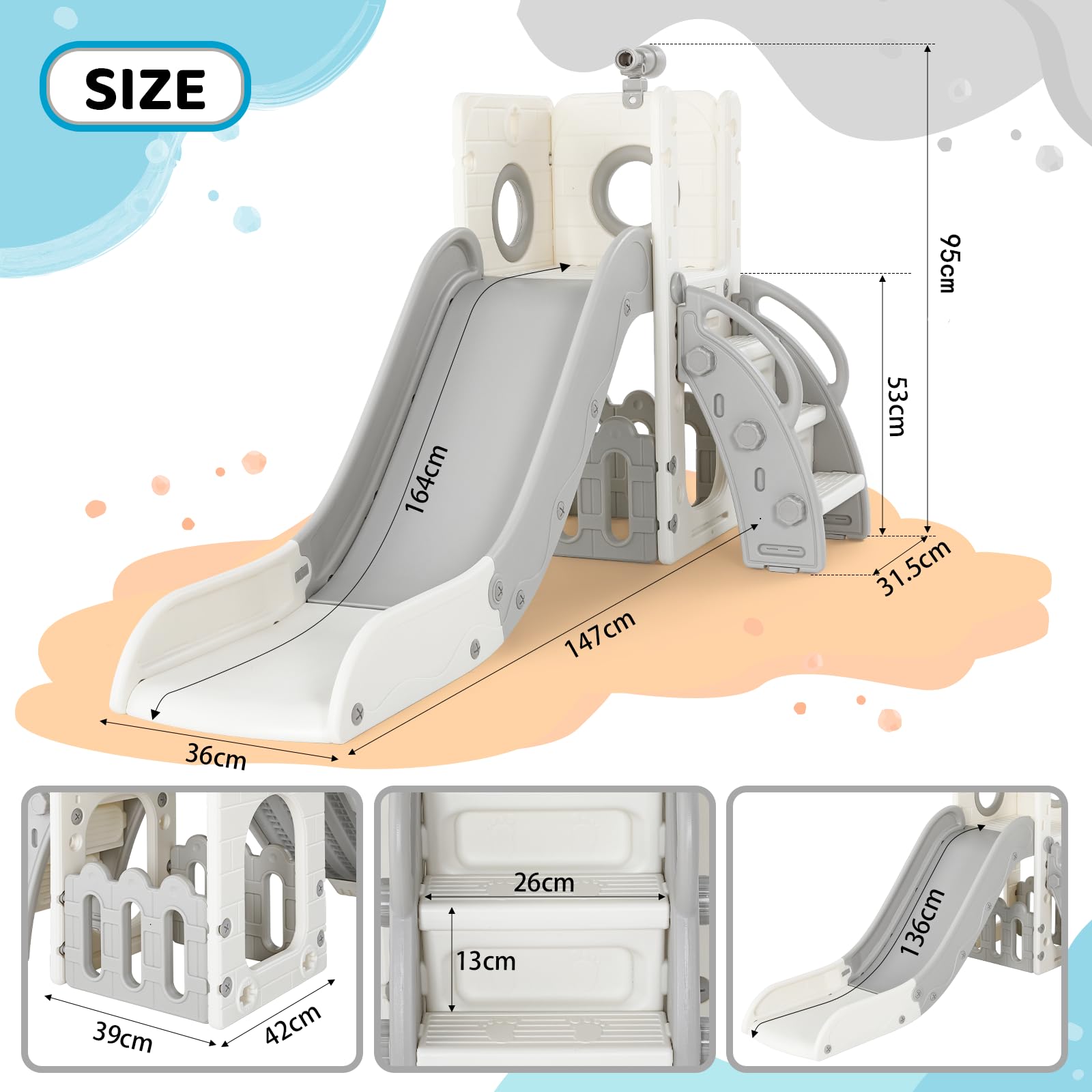 Kinderrutsche, Indoor & Outdoor Rutsche ab 1 Jahre, Freistehende Rutsche mit Stauraum & Spielteleskope, Gartenrutsche, Kinder Spielplatz, mit 2PCS Moduls, Grau Weiß