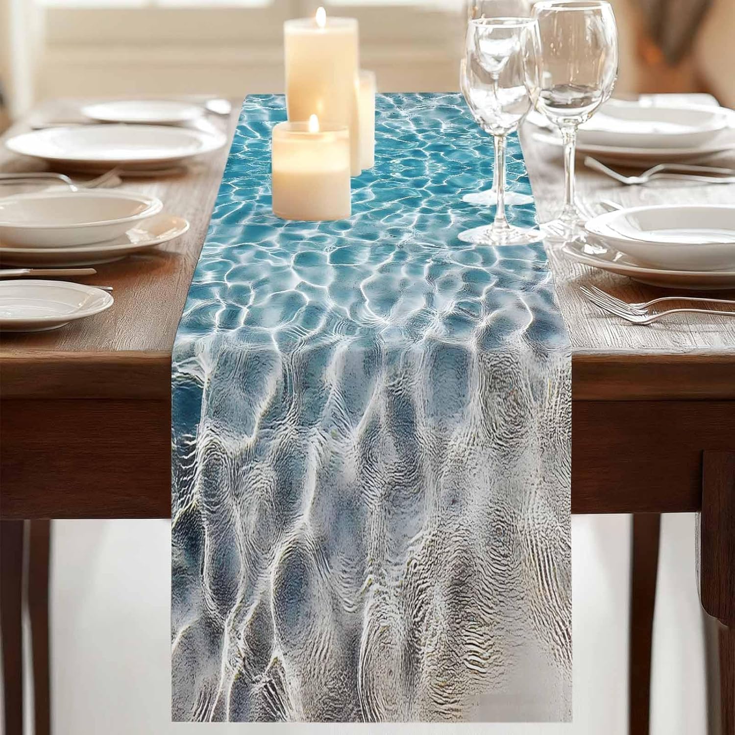 Blue Yellow Cotton Linen Table Runner Dresser Scarf Tropical Sandy Beach Clear Sea Water Non-Slip Burlap Rectangle Table Setting Decor for Kitchen Home Dinin ,Wedding,Holiday,Extra Long 13 x108 inch