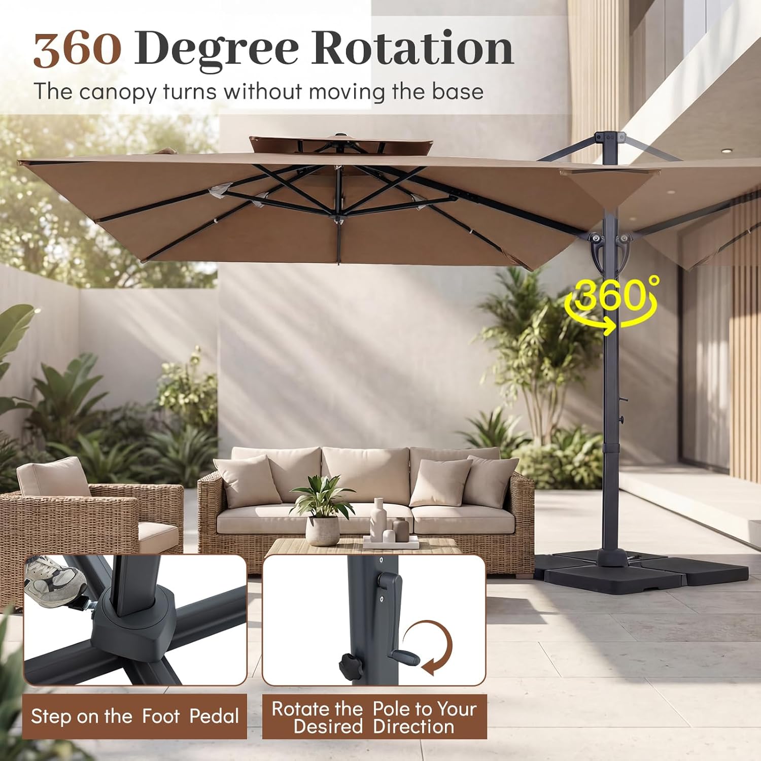 Tangkula 10 FT Patio Cantilever Umbrella, Large Square Offset Hanging Umbrella w/ 360° Rotation, 8 Sturdy Ribs, Air Vent & Cross Base, Heavy-Duty Outdoor Sun Shade for Backyard Pool Garden Deck, Tan