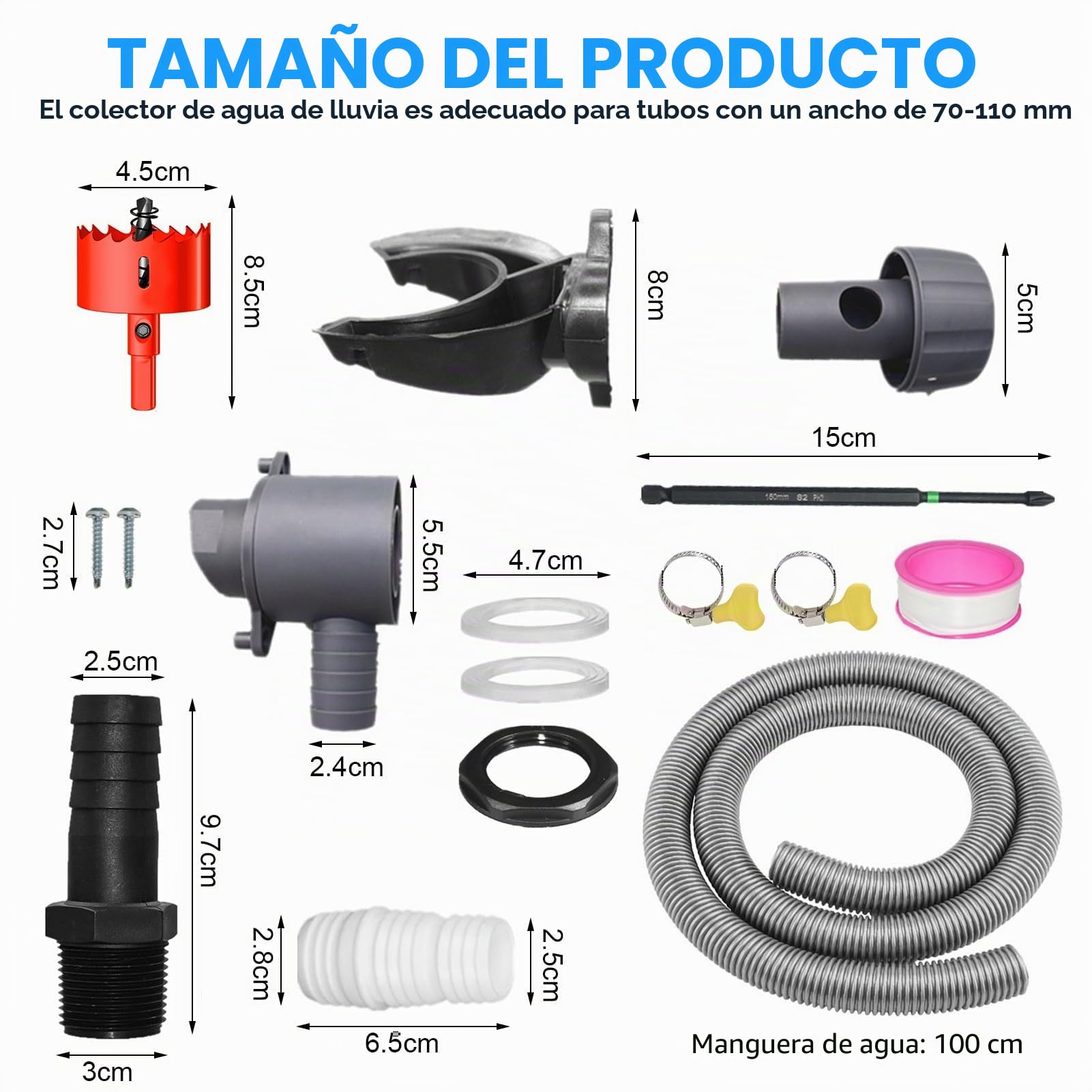 Juego de colector de lluvia, para bajante de 70 – 110 mm, colector de agua de lluvia con accesorios de montaje, incluye manguera de 1 m, filtro de bajada, conector de barril de lluvia,