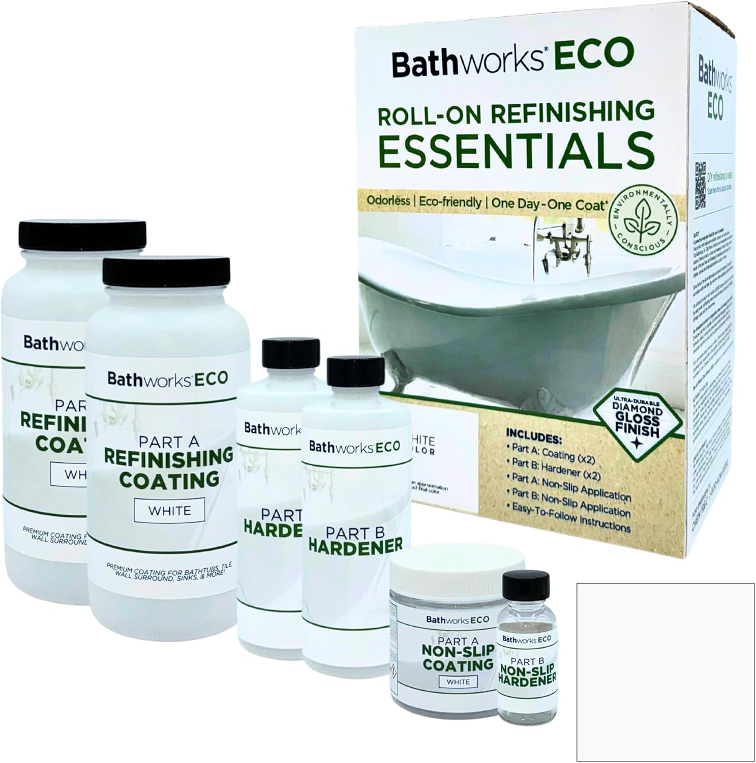 Bathworks ECO Essentials Roll-On Refinishing Kit - 26 fl oz (1.6 Pint), Low Odor, Low VOC, DIY Epoxy Coating with Non-Slip Application - High Gloss White Finish for Bathtubs, Tile, Sinks, Showers & Countertops