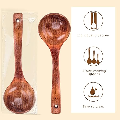 Miniatura 4 de HANSGO Juego de cucharas de madera de 3 piezas, cucharas de madera antiadherentes, cucharas de cocina de sopa, utensilios de cocina de madera de
