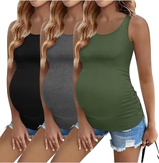 Ekouaer 3 Pack Women Maternity Tank Tops Summer Pregnancy Shirts | Scoop Neck, Soft and Lightweight, Ruched Side, Sleeveless, Postpartum Basic Tops Clothes