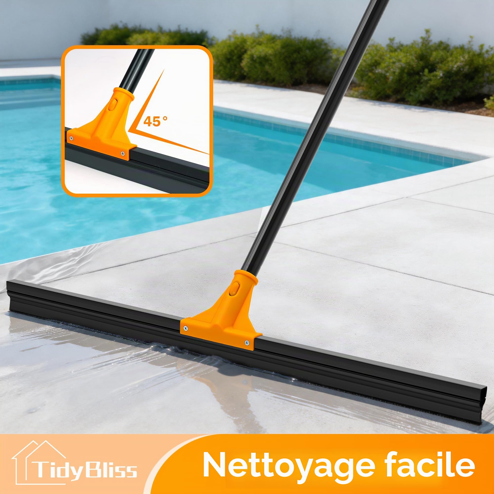 TidyBliss Balai Raclette Sol Extérieur Terrasse Professionnelle de Large 76 cm avec Manche Long 148 cm, Laveur pour la Salle de Bain, Cour, Garage, Douche, Fenêtre (Orange)